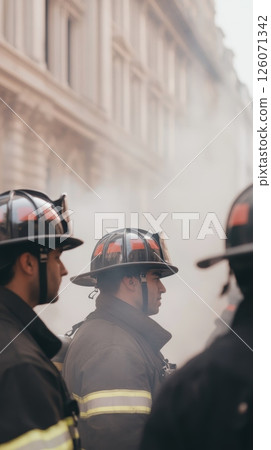 Firefighters in protective gear stand amidst smoke near a building Firefighters in protective gear stand amidst smoke near a building 126071342
