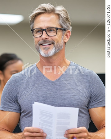 A mature Caucasian male with graying hair and glasses smiles while holding a document 126071355