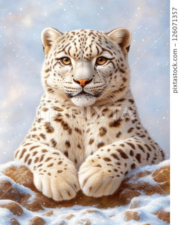 A majestic snow leopard rests peacefully amidst a snowy, rocky landscape, its striking coat blending seamlessly with its wintry surroundings 126071357
