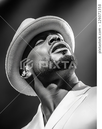 Portrait of young african male in hat looking upward in dramatic lighting Portrait of young african male in hat looking upward in dramatic lighting 126071358