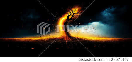 Fiery tree in stormy landscape with exploding particles and dramatic sky 126071362