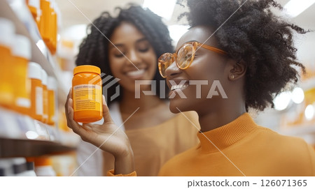 Two women browse the vitamin aisle in a pharmacy, one examines a bottle of supplements 126071365
