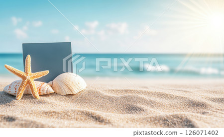 cheerful summer background featuring seashells, starfish, and sand textures, with clear blue sky and sunlight rays, perfect for inviting text 126071402