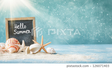 Hello Summer sign with seashells and sand creates cheerful beach vibe. Perfect for summer themes and seasonal decorations 126071403