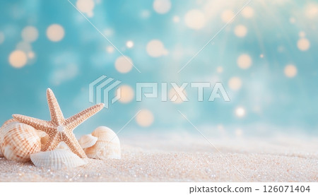 serene summer background featuring starfish and seashells on sandy beach, evoking peaceful coastal vibe 126071404