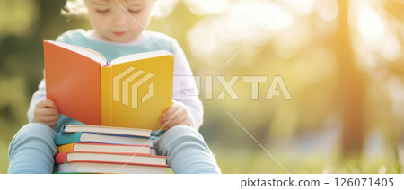 Child reading colorful book outdoors, surrounded by nature beauty, enjoying peaceful moment 126071405