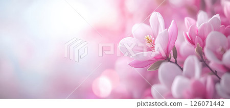 dreamy scene of pink and white magnolia flowers in soft light, evoking tranquility and beauty 126071442