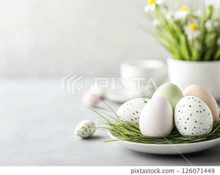 Festive Easter table setting with painted eggs on plate, surrounded by greenery and flowers, creating cheerful atmosphere 126071449