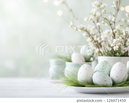 festive Easter table setting featuring painted eggs, greenery, and flowers creates cheerful atmosphere 126071450