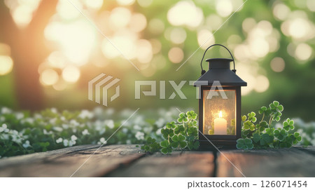 glowing lantern surrounded by shamrocks on wooden surface creates serene atmosphere glowing lantern surrounded by shamrocks on wooden surface creates serene atmosphere 126071454