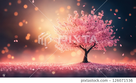stunning cherry blossom tree in full bloom, surrounded by falling petals, creates magical atmosphere 126071536