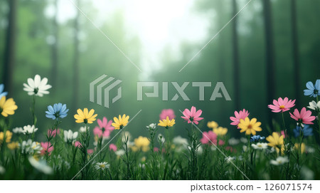vibrant forest clearing filled with colorful flowers and greenery, creating serene atmosphere 126071574