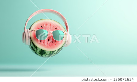 playful watermelon wearing stylish sunglasses and headphones floats against soft mint background, creating fun and vibrant atmosphere 126071634