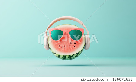 playful watermelon wearing stylish sunglasses and headphones floats against pastel background, exuding fun and vibrant vibe playful watermelon wearing stylish sunglasses and headphones floats against pastel background, exuding fun and vibrant vibe 126071635