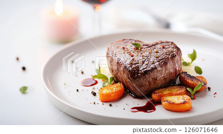 gourmet heart shaped steak served with roasted vegetables and garnished with herbs, creating romantic dining experience. Perfect for special occasions 126071646