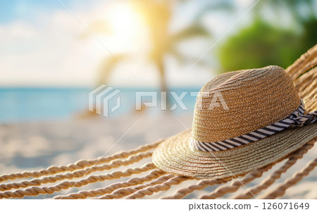 sun hat resting on hammock, surrounded by tropical beach scene, evokes relaxation and tranquility. warm sunlight enhances serene atmosphere sun hat resting on hammock, surrounded by tropical beach scene, evokes relaxation and tranquility. warm sunlight enhances serene atmosphere 126071649