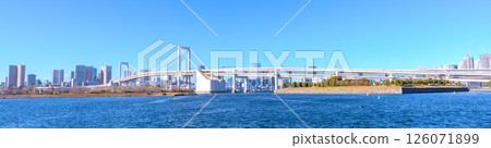 Rainbow Bridge and skyscrapers as seen from Odaiba, Tokyo Rainbow Bridge and skyscrapers as seen from Odaiba, Tokyo 126071899