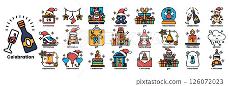 A collection of Christmas themed icons including a bottle of wine 126072023