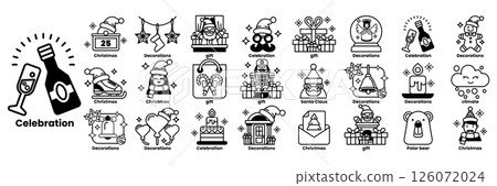 A collection of Christmas themed icons including a bottle of wine in line drawing style 126072024