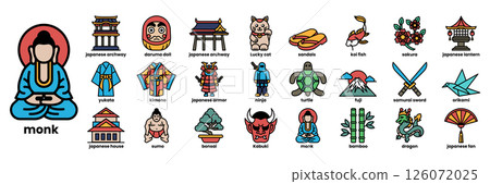 A collection of Asian symbols and icons, including a Buddhist monk, a cat A collection of Asian symbols and icons, including a Buddhist monk, a cat 126072025