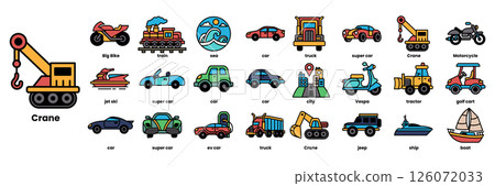 A collection of vehicles including a crane, a boat, a motorcycle, a car, a truck 126072033