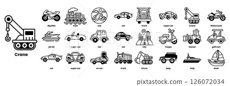 A collection of vehicles including a crane, a boat, a motorcycle, a car, a truck in line drawing style 126072034