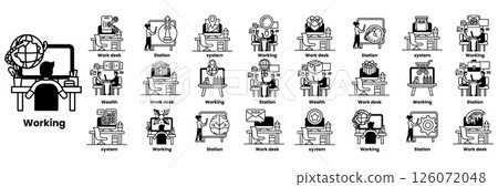 A series of images of people working at a desk in line drawing style A series of images of people working at a desk in line drawing style 126072048
