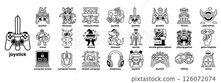 A collection of cartoon characters and objects, including a sword, a laptop in line drawing style 126072074