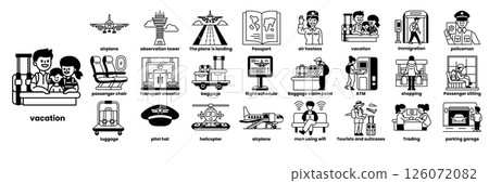set of illustrations in the concept of tourist travel in line drawing style set of illustrations in the concept of tourist travel in line drawing style 126072082