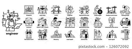 A series of images of people in various work settings, including construction in line drawing style 126072092