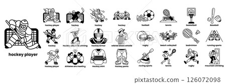 Set of illustrations in the concept of hockey in line drawing style Set of illustrations in the concept of hockey in line drawing style 126072098