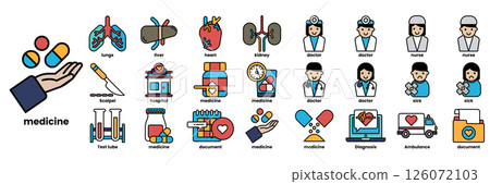 A collection of medical icons including a doctor, a nurse, a heart, a pill 126072103