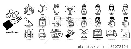A collection of medical icons including a doctor, a nurse, a heart, a pill in line drawing style 126072104