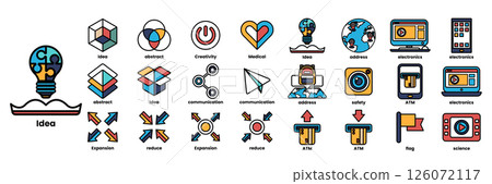 A series of icons with a light bulb in the middle 126072117