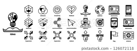 A series of icons with a light bulb in the middle in line drawing style 126072118