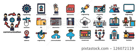 A collection of icons for communication, including a computer mouse, a keyboard 126072119