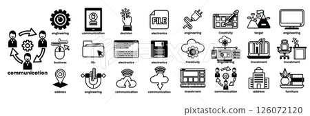 A collection of icons for communication, including a computer mouse, a keyboard in line drawing style 126072120