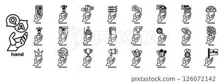 A hand holding a bunch of different icons in line drawing style 126072142