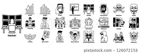 A series of icons depicting various computer related activities, such as hacking in line drawing style A series of icons depicting various computer related activities, such as hacking in line drawing style 126072158