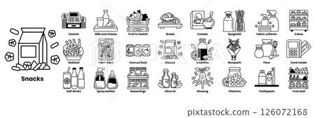 A series of food and drink icons, including a bottle of wine, a can of beans in line drawing style 126072168