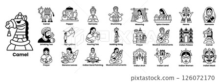 The image is a collection of various Indian symbols and icons in line drawing style 126072170
