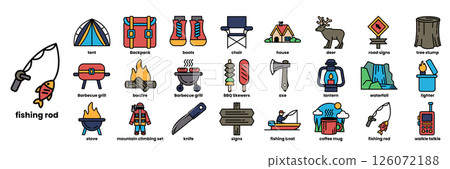 A collection of outdoor items including a tent, a backpack, a fishing rod A collection of outdoor items including a tent, a backpack, a fishing rod 126072188