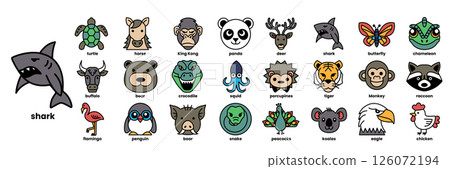 A collection of animal faces with a shark in the middle 126072194