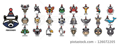 A collection of animal faces with hats on them A collection of animal faces with hats on them 126072205