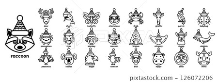 A collection of animal faces with hats on them in line drawing style 126072206