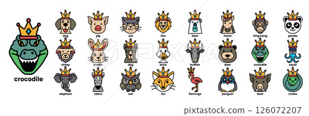 A collection of animal faces with crowns on them A collection of animal faces with crowns on them 126072207