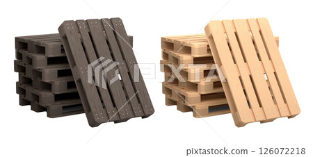 Set of wooden pallet for warehouse cargo storage isolated on white background. 3d render of tray for cargo loading and transportation, freight delivery, warehousing service equipment Set of wooden pallet for warehouse cargo storage isolated on white background. 3d render of tray for cargo loading and transportation, freight delivery, warehousing service equipment 126072218