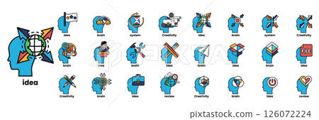 A collection of blue heads with various icons and words A collection of blue heads with various icons and words 126072224