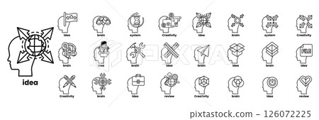 A collection of heads with various icons and words in line drawing style 126072225