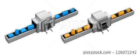 Set of Airport luggage conveyor belt or baggage claim area with suitcases on white background. 3d render of travel vacation concept. Set of Airport luggage conveyor belt or baggage claim area with suitcases on white background. 3d render of travel vacation concept. 126072242